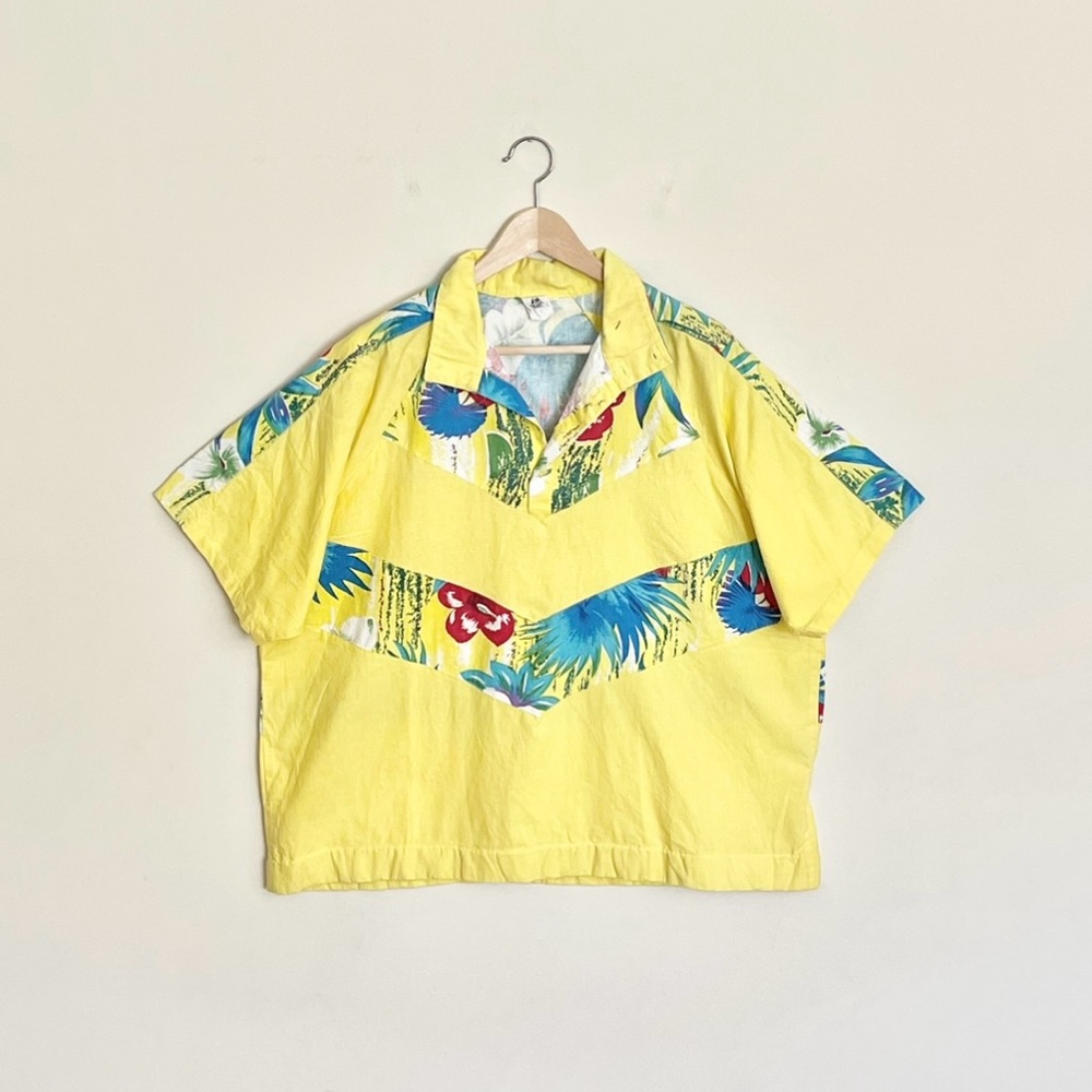 Vintage 80s New Fast Pullover Collared Yellow Hawaiian Print Shirt Men’s Medium